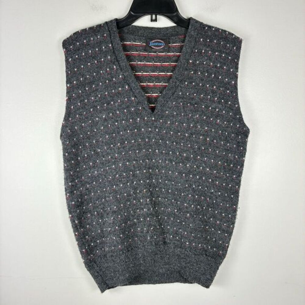 Vintage Jantzen Sweater Vest Mens Large Gray Wool Heather Knit V Neck‎